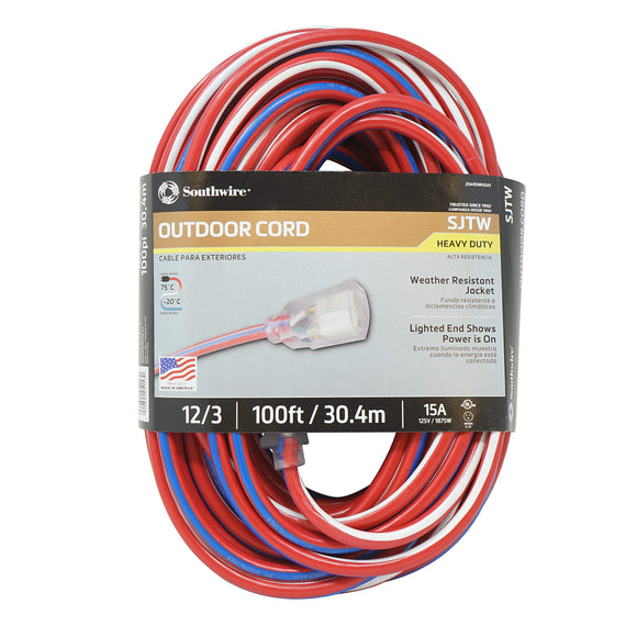 ▶ Extencion electrica grado de contratista de 100 pies; cable de extensión de 12/3 con extremo iluminado; cable de extensión rojo, blanco y azul, fabricado en Estados Unidos, para uso en interiores y exteriores, resistente al agua