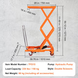 Carrito de Mesa de elevación hidráulica, Capacidad de 350 Libras, 50 Pulgadas, con 4 Ruedas y Almohadilla Antideslizante, para manejo y Transporte de Materiales, Color Naranja