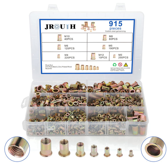 🔩 Juego de 915 tuercas de remache métricas roscadas surtidas, M3, M4, M5, M6, M8, M10, M12, tuercas de acero al carbono chapadas en zinc, kit de tuercas de remache
