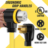▶ Cable generador RV/generador de 75 pies de 50 amperios, listado UL, alambre 100% de cobre, NEMA 14-50P a SS2-50R Twist Lock, mango de agarre de 90°, calibre 6/3+8/1 STW