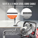 ▶ Máquina de limpieza de drenaje de 50 pies x 1/2 pulgada, barrena de alcantarillado de alimentación manual sobre ruedas, con 4 cortadores e interruptor de pie neumático para tuberías de 2" a 4