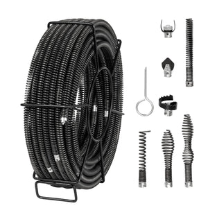 Cable de limpieza de drenaje profesional de 100 pies x 5/8 pulgadas, 7 cortadores para tubos de 0.8 a 3.9 pulgadas, cable de taladro de alcantarillado de núcleo hueco para fregadero, drenaje