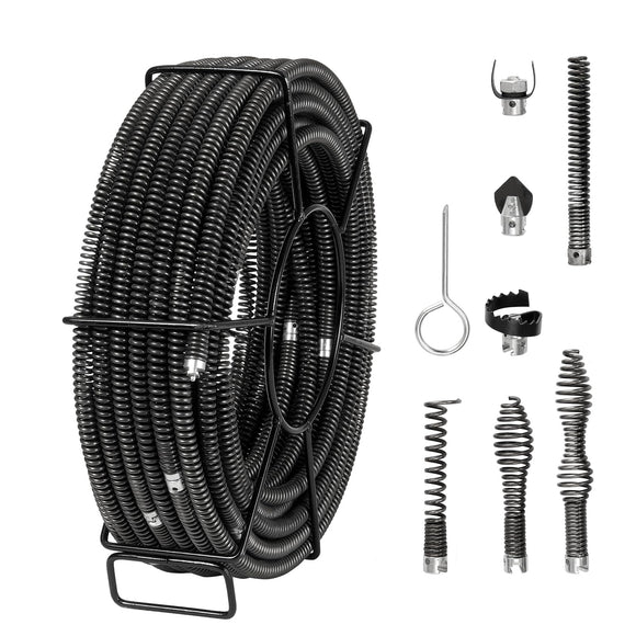 Cable de limpieza de drenaje profesional de 100 pies x 5/8 pulgadas, 7 cortadores para tubos de 0.8 a 3.9 pulgadas, cable de taladro de alcantarillado de núcleo hueco para fregadero, drenaje