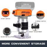 Routers de velocidad variable inalámbrico de palma para batería DEWALT de 20 V máximo, recortadora de madera, motor sin escobillas, 6 velocidades ajustable de 1/4 pulgadas, adecuado para reparación del hogar,