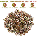 🔩 PRECIHW - Juego de 100 tuercas de remache de acero al carbono, 1/4 a 20 UNC, tuercas de inserción roscadas con cuerpo moleteado para automóvil, muebles, decoración (acabado chapado en zinc)