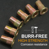 🔩 Hordion 100 tuercas de remache #10-32, acero al carbono, tuerca de inserción roscada de cabeza plana, cuerpo moleteado para decoración de muebles automotrices, chapado en zinc