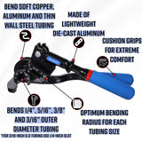 ▶ Dobladora de tubo de triple cabeza de 180 grados con mango de indexación Roto-Lok, 3/16", 1/4", 5/16" y 3/8"