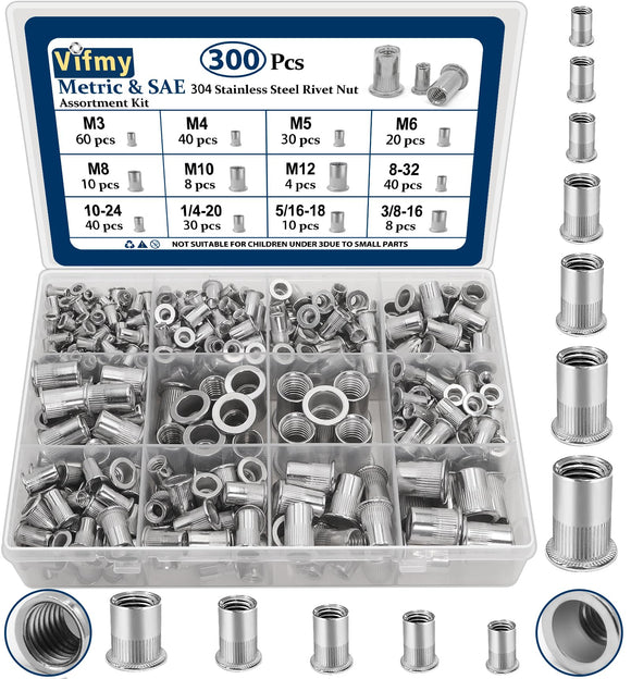 🔩 Vifmy - Kit de surtido de tuercas de remache métricas y SAE (300 unidades), M3 M4 M5 M6 M8 M10 M12#8-32#10-24 1/4