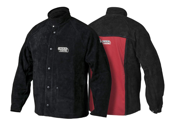 ▶ Lincoln Electric Chaqueta de soldadura de cuero resistente, ideal para soldadura de alto amperaje o fuera de posición, tamaño mediano, K2989M, negro/rojo