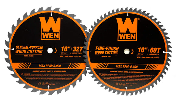 WEN BL1032-2 Juego de cuchillas de sierra profesional para carpintería de 32 dientes y 60 dientes, de 10 pulgadas, 2 unidades