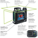BOSCH GLL50-40G Láser de línea cruzada autonivelante de 360 grados, incluye 4 baterías AA, soporte en L, clip de techo y estuche de transporte duro