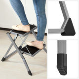 ▶ Escalera de 2 peldaños Plegable, Ancho de Marcha 20 cm, Goma Antideslizante, con asa, Carga 150 kg, Acero, Gris y Negro GSL002GY01