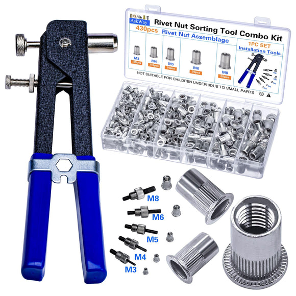 🔩 Kit de herramientas de tuerca de remache de presión, 430 piezas de combinación de tuercas de remache métricas (M8/M6/M5/M4/M3), adecuado para muebles, decoración, aplicaciones automotrices, marinas e