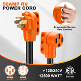 ▶ Cable de extensión para vehículos recreativos de 100 pies y 50 amperios para exteriores con mango de agarre, 125/250V, 12500W, 4 puntas, resistente calibre 6/3+8/1 STW, NEMA 14-50P a 14-50R