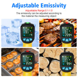MESTEK - Termómetro infrarrojo de temperatura, termómetro láser digital sin contacto con sonda para cocinar, reparación del hogar e industria, medición de humedad, emisividad ajustable de -125 °F a