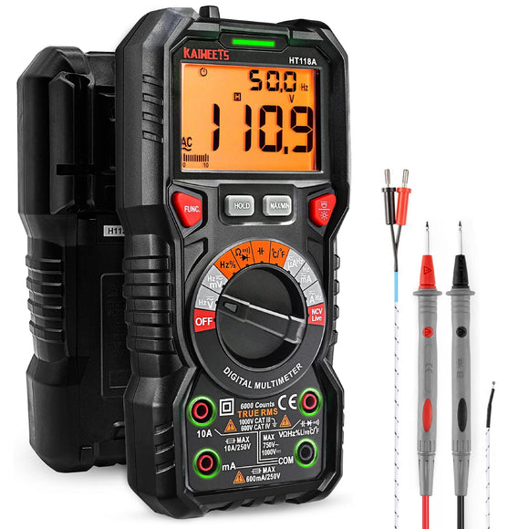 Multimetro Digital Profesional, Polimetro Autorango con Valor Real 6000 Cuentas para Medir CA/CC Corriente y Tensión, NCV, Capacitancia, Continuidad, Resistencia, Batería, Diodo, Live