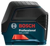 BOSCH GCL 2-160 Láser de línea cruzada autonivelante de 65 pies con puntos de plomera, incluye soporte giratorio magnético, clip de rejilla de techo, placa de lente láser, 3 baterías AA y estuche duro