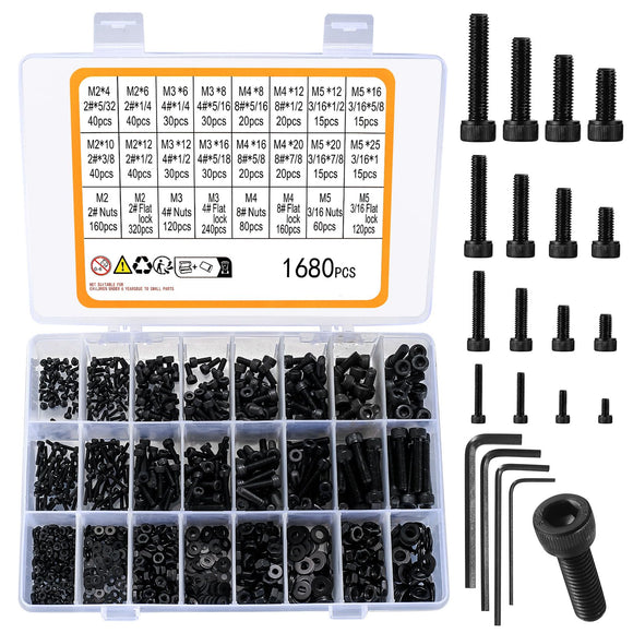 🔩 Juego de 1680 tornillos y tuercas hexagonales métricos M2 M3 M4 M5, tornillos y arandelas de cabeza hexagonal, tornillos y tuercas y arandelas, juego de tornillos de máquina negros
