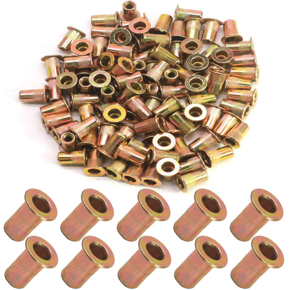 🔩 Hordion 100 tuercas de remache #10-32, acero al carbono, tuerca de inserción roscada de cabeza plana, cuerpo moleteado para decoración de muebles automotrices, chapado en zinc