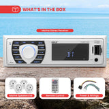 ▶ Juego de altavoces receptor de radio de 12 V, estilo DIN único, compatible con Bluetooth, sistema de consola digital impermeable para embarcaciones en salpicadero, con micrófono, 4