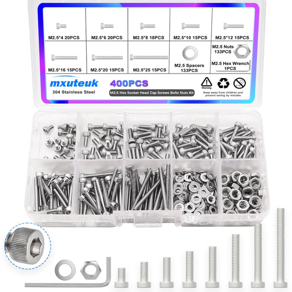 🔩 Mxuteuk - Juego de tornillos M2.5, M2.5 x 4/6/8/10/12/16/20/25 mm, kit de tornillos de cabeza hexagonal de acero inoxidable 304 con llave hexagonal G035-M2.5