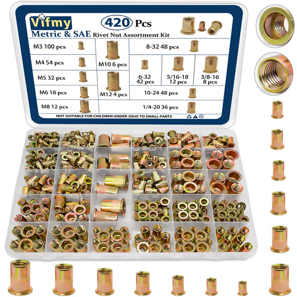 🔩 Vifmy - Kit de surtido de tuercas de remache métricas y SAE (420 unidades), m3 m4 m5 m6 m8 m10 m12#6-32#8-32#10-24 1/4