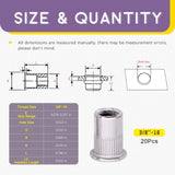 🔩 Swpeet - Juego de 20 tuercas de remache estriado de acero inoxidable 304 de 3/8 a 40,6 cm de cabeza plana roscada para automoción, muebles, decoración