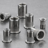 🔩 Wensilon - 200 tuercas de remache M6 métricas de acero inoxidable con acabado 304, cabeza plana, tuerca de inserción roscada, cuerpo moleteado