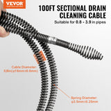 Cable de limpieza de drenaje profesional de 100 pies x 5/8 pulgadas, 7 cortadores para tubos de 0.8 a 3.9 pulgadas, cable de taladro de alcantarillado de núcleo hueco para fregadero, drenaje