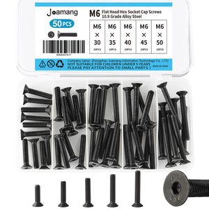 Joamang M6 x 30 mm, 35 mm, 40 mm, 45 mm, 50 mm, tornillos hexagonales de cabeza plana, tornillos avellanados, acero de aleación de grado 10.9, acabado de óxido negro, accionamiento Allen métrico,