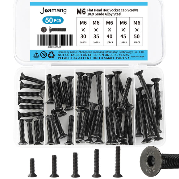 Joamang M6 x 30 mm, 35 mm, 40 mm, 45 mm, 50 mm, tornillos hexagonales de cabeza plana, tornillos avellanados, acero de aleación de grado 10.9, acabado de óxido negro, accionamiento Allen métrico,