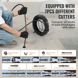 Cable de limpieza de drenaje profesional de 100 pies x 5/8 pulgadas, 7 cortadores para tubos de 0.8 a 3.9 pulgadas, cable de taladro de alcantarillado de núcleo hueco para fregadero, drenaje