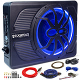 ▶ Subwoofer de coche de 800 W de actualización delgado para debajo del asiento de 10 pulgadas, subwoofer de audio para coche/camión, amplificador integrado, con luz LED azul (subwoofer + kit de cable de