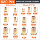 🔩 Kit de surtido de tuercas de remache métricas y SAE, M3-M12#6-32#8-32#10-24 1/4"-20 5/16"-18 3/8"-16 Rivnuts de acero al carbono Tuerca de inserción roscada de cabeza plana