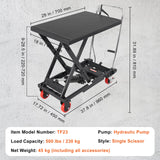 Carrito de mesa de elevación hidráulica, capacidad de 500 libras, 28.5 pulgadas, con 4 ruedas y almohadilla antideslizante, para manejo y transporte de materiales, color negro