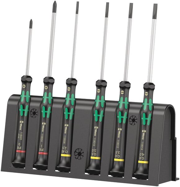 Wera Kraftform Micro electrónica Juego de destornilladores y estante, 6 piezas, Ranurardo/Phillips, Slotted: 2.5x80mm, 3x80mm, 3.5x80mm, 4x80mm. Phillips: 0x60mm, 1x80mm