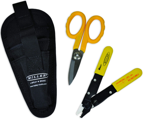 ▶ Miller MA01-7000 Kit, FO 103-T-250-J Herramienta de pelado de cable de fibra óptica de 3 agujeros y tijeras KS-1 Kevlar, juego de herramientas fácilmente portátil con bolsa de clip para cinturón para profesionales