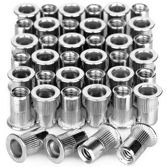 40 tuercas de remache de acero inoxidable de 1/4 a 20 UNC, tuerca de inserción roscada de 1/4 a 20 UNC, cabeza plana moleteada