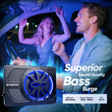 ▶ Subwoofer de coche de 800 W de actualización delgado para debajo del asiento de 10 pulgadas, subwoofer de audio para coche/camión, amplificador integrado, con luz LED azul (subwoofer + kit de cable de