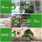 Línea cruzada de nivel láser verde autonivelante con 2 puntos de plomera, herramienta láser -360 línea horizontal más gran ángulo de ventilador de haz vertical, batería de iones de litio con