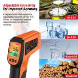 Pistola de temperatura láser dual para cocina, termómetro infrarrojo digital para parrilla de horno de pizza, pistola de termómetro láser con pistola de temperatura de emisividad