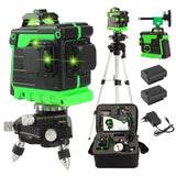 Nivel Láser Autonivelante Verde con Trípode 1.2m, 3D 12 Líneas, Nivelador Láser, Nivel láser de líneas cruzada 3x360, set con Soporte de Pared, 2 Baterías, Gafas para rayo verde