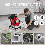 ▶ Máquina de limpieza de drenaje de 50 pies x 1/2 pulgada, barrena de alcantarillado de alimentación manual sobre ruedas, con 4 cortadores e interruptor de pie neumático para tuberías de 2" a 4