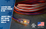 ▶ Extencion electrica grado de contratista de 100 pies; cable de extensión de 12/3 con extremo iluminado; cable de extensión rojo, blanco y azul, fabricado en Estados Unidos, para uso en interiores y exteriores, resistente al agua