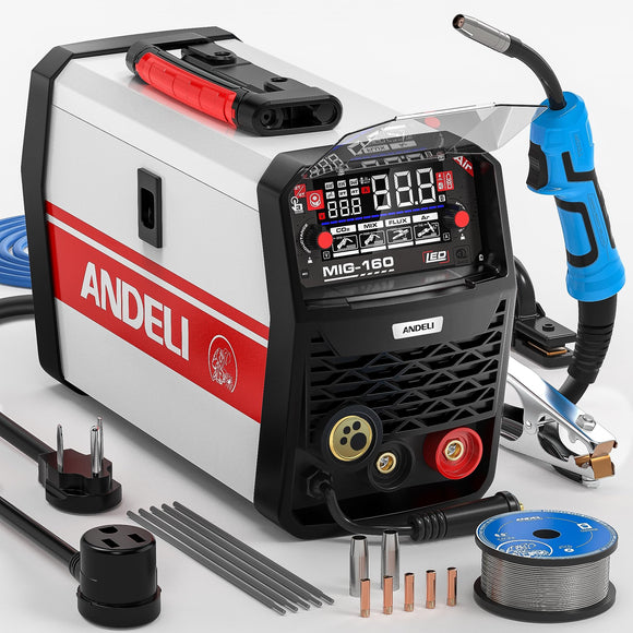 ▶ ANDELI - Soldadora con y sin gas MIG, 160 A, voltajes de 110 V y 220 V, 4 en 1: MIG de gas, MIG con núcleo fundente, TIG por elevación y Stick, pantalla digital LED con control sinérgico, MIG-160 AIR