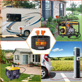 ▶ Cable de extensión para vehículos recreativos de 100 pies y 50 amperios para exteriores con mango de agarre, 125/250V, 12500W, 4 puntas, resistente calibre 6/3+8/1 STW, NEMA 14-50P a 14-50R
