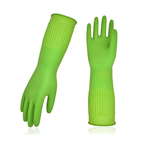 ▶  3Pares de Guantes para Lavar Platos, Guantes Domésticos Reutilizables, Manga Larga, Látex Grueso para Limpieza, Lavado, Trabajo, Pintura, Jardinería, Cuidado de Mascotas (M/M, Verde, RB2143)