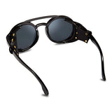 ▶ Retro Redondo Steampunk Gafas de Sol Mujeres Hombres Vintage Góticas Lentes de Sol Protectoras Laterales con Cuero B2532
