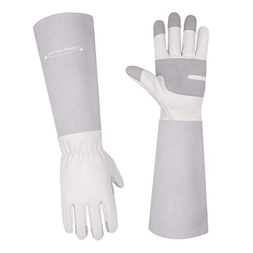 ▶ HANDLANDY Guantes de jardinería para mujeres y hombres, guantes de cuero de manga larga para podar rosas, guantes de trabajo a prueba de espinas para jardín, guantes de manejo de animales (grandes, gris)