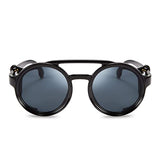 ▶ Retro Redondo Steampunk Gafas de Sol Mujeres Hombres Vintage Góticas Lentes de Sol Protectoras Laterales con Cuero B2532